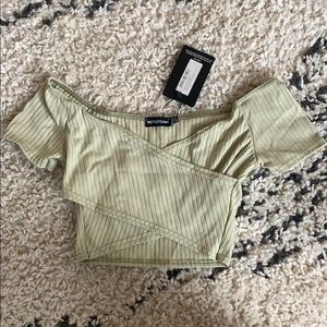 Basic Sage Rib Bardot Wrap Crop Top NEVER WORN